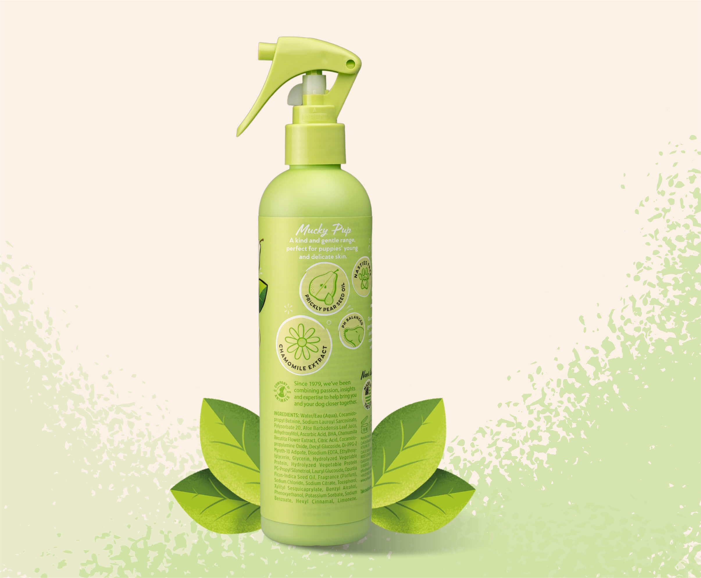 Product shot of the back of the Pet Head Mucky Pup spray