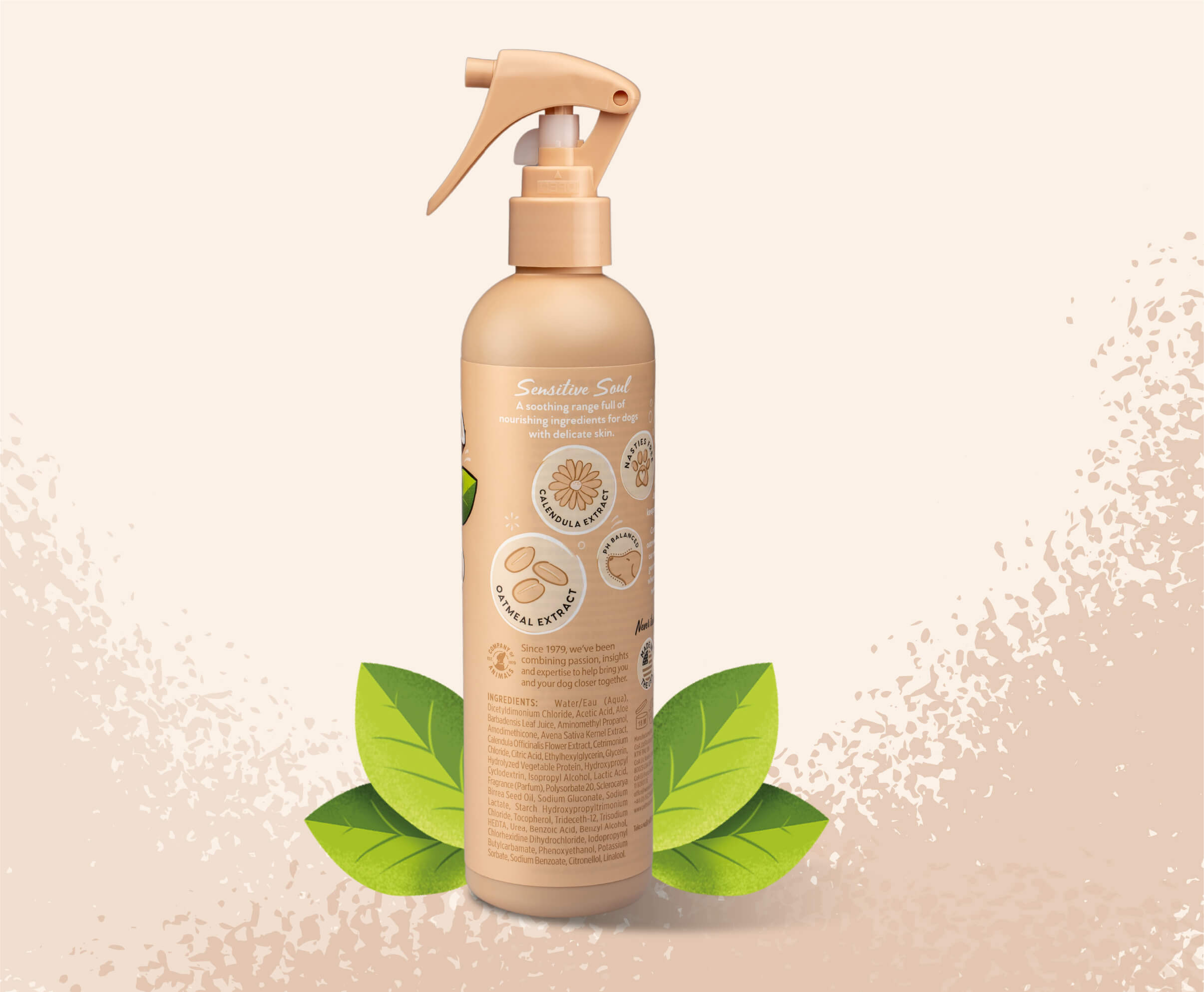 Product shot of the back of the Pet Head Sensitive Soul Spray