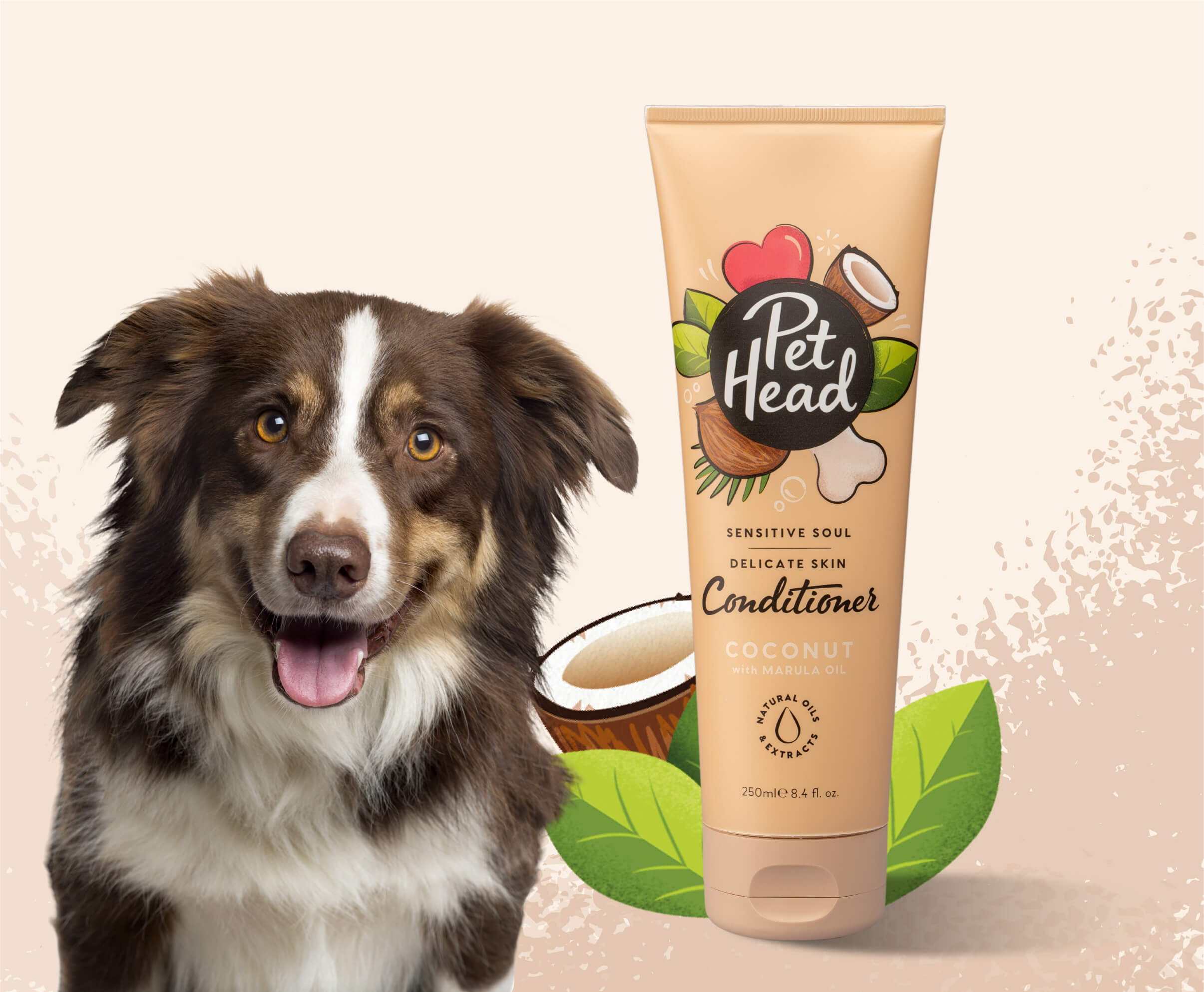 Product shot of the Pet Head Sensitive Soul Conditioner next to a happy dog