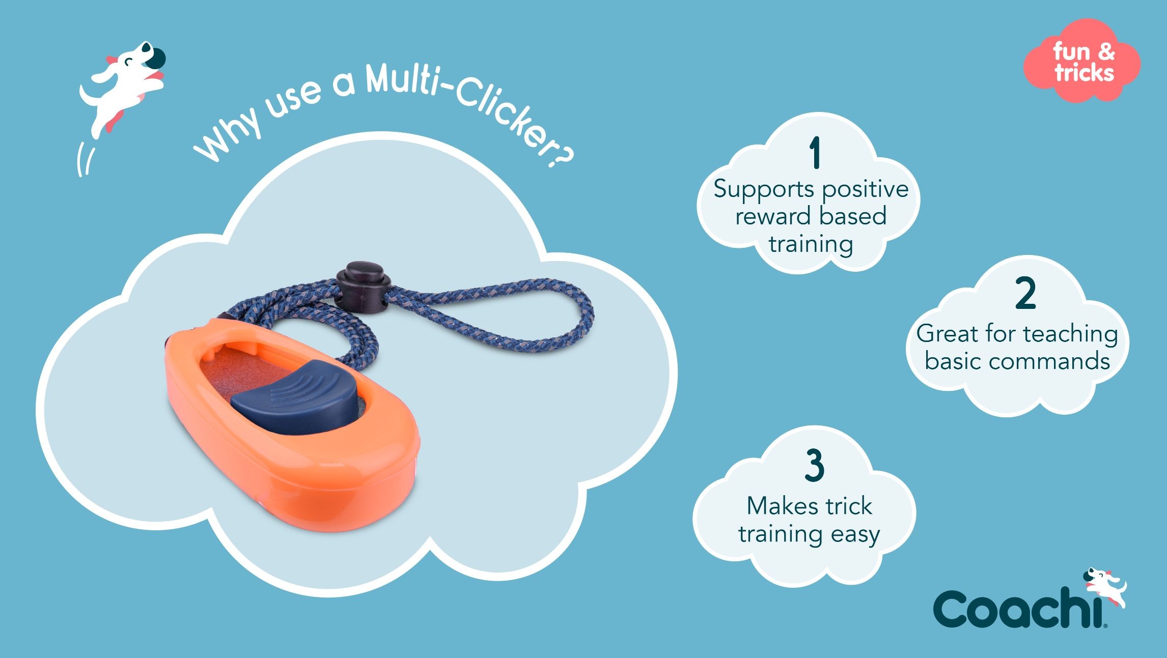 Coachi Multi-Clicker showing benefits of positive reward-based training, teaching basic commands, and easy trick training.