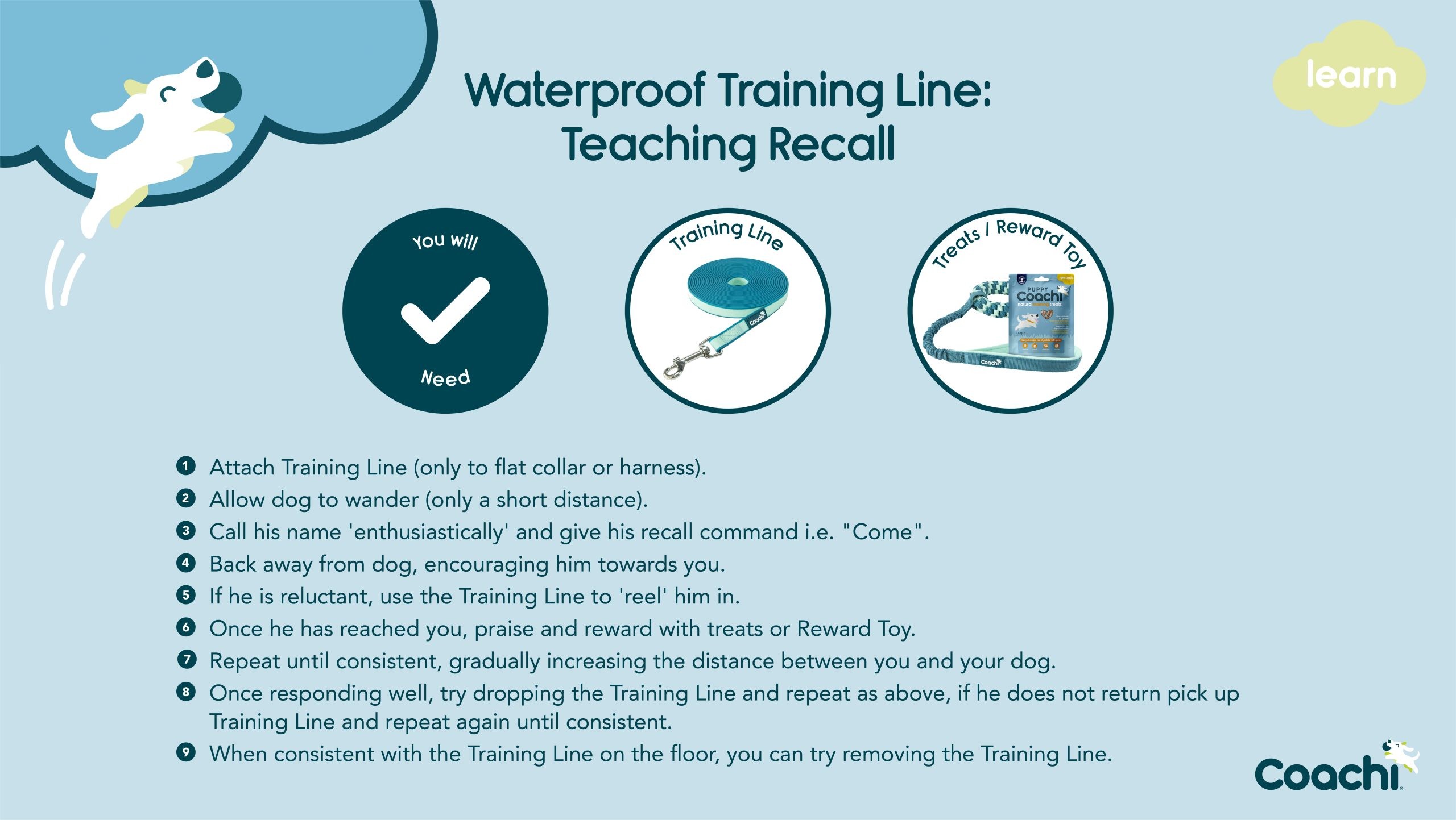 Coachi Waterproof Training Line recall training infographic showing required tools and step-by-step instructions on teaching recall using a training line and reward treats.