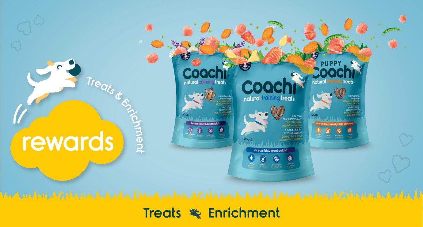 Coachi natural training treats and calming treats product range displayed with salmon, sweet potato, and natural ingredients for dog rewards and enrichment.