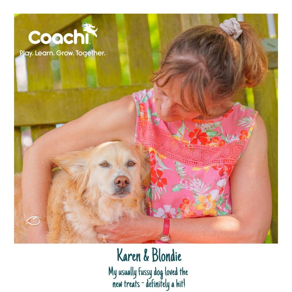 Dog owner Karen cuddling her dog Blondie and sharing a positive review after using Coachi natural calming treats.