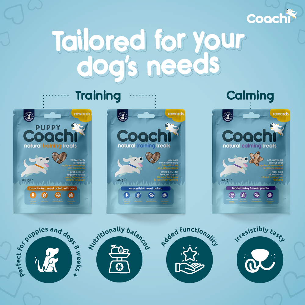 Coachi natural dog training and calming treats displayed on a blue background, showing puppy, training, and calming treat packs with icons highlighting nutrition, functionality, and taste.