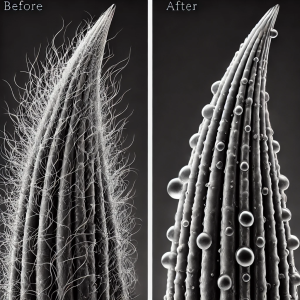 Before and after comparison showing how conditioner smooths a dog’s hair cuticle to reduce dryness and frizz