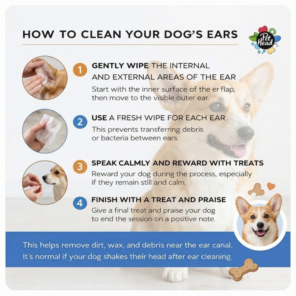 Infographic showing step-by-step instructions on how to clean dog ears safely.