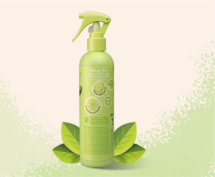 Product shot of the back of the Pet Head Mucky Pup spray