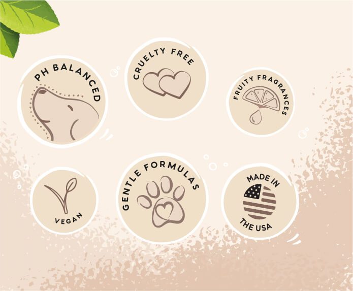 PH balanced, cruelty free, fruit fragrances, vegan, gentle formulas and Made in USA icons