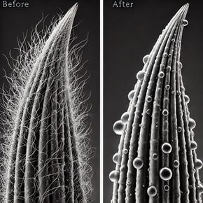 Before and after comparison showing how conditioner smooths a dog’s hair cuticle to reduce dryness and frizz.